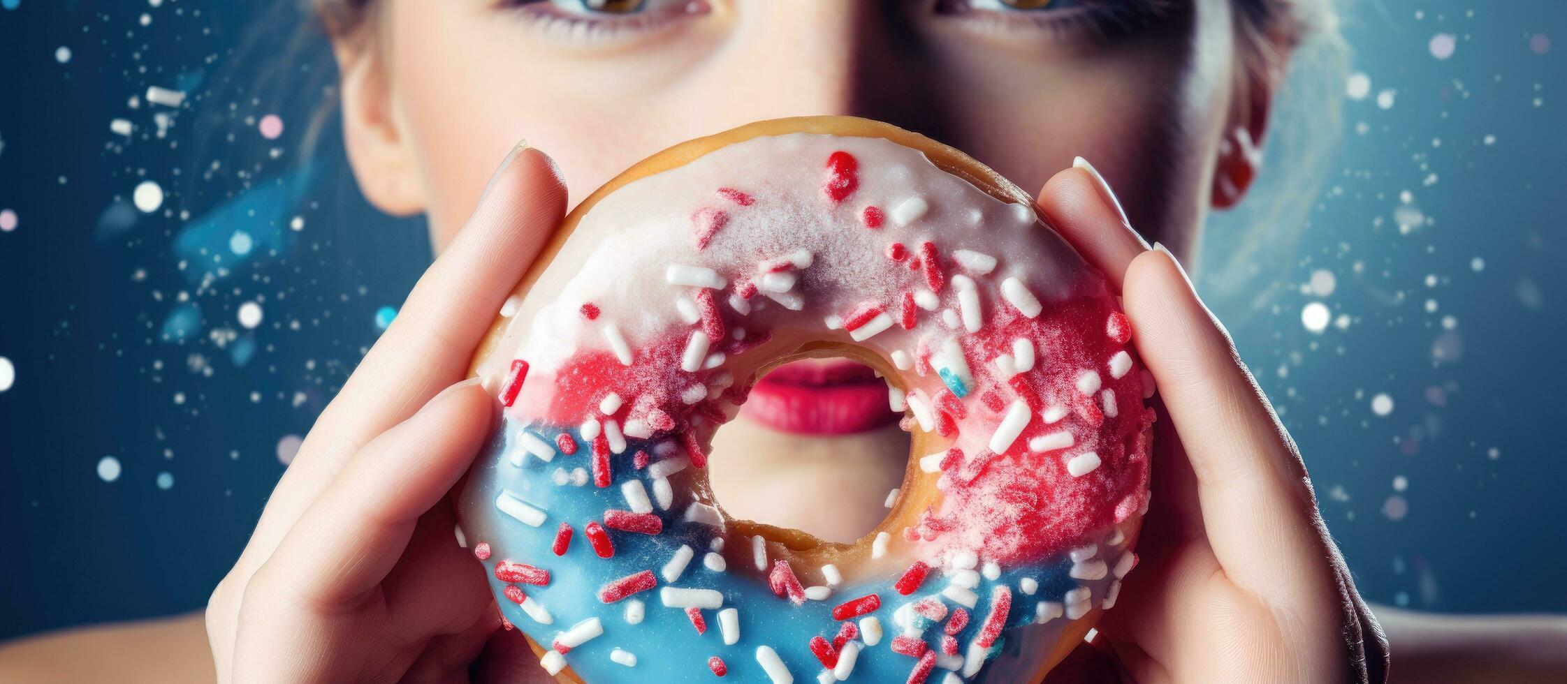 composito foto di un' caucasico donna godendo un' ciambella che rappresentano malsano mangiare e indulgenza