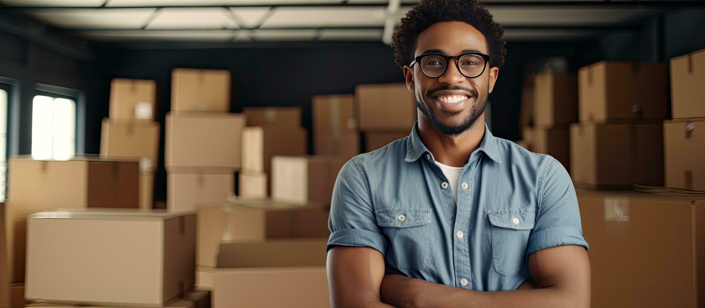 contento africano americano tipo indossare bicchieri in posa con piegato braccia nel davanti di cartone scatole attraente nero uomo nel nuovo casa su in movimento giorno panoramico vi foto