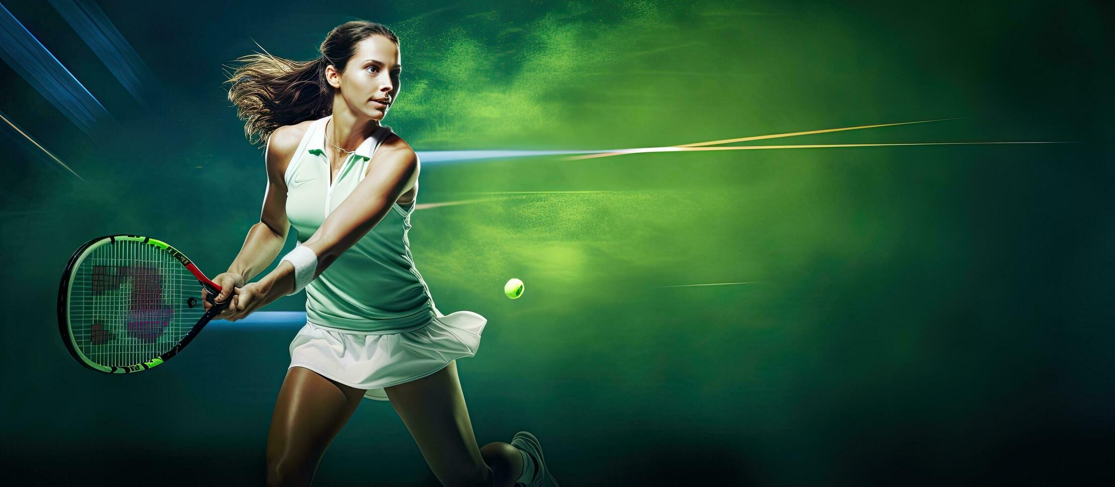 Britannico tennis concorrenza con un' caucasico donna giocando tennis con nuovo fiammiferi su un' verde sfondo digitale composito con racchetta copia spazio spor foto