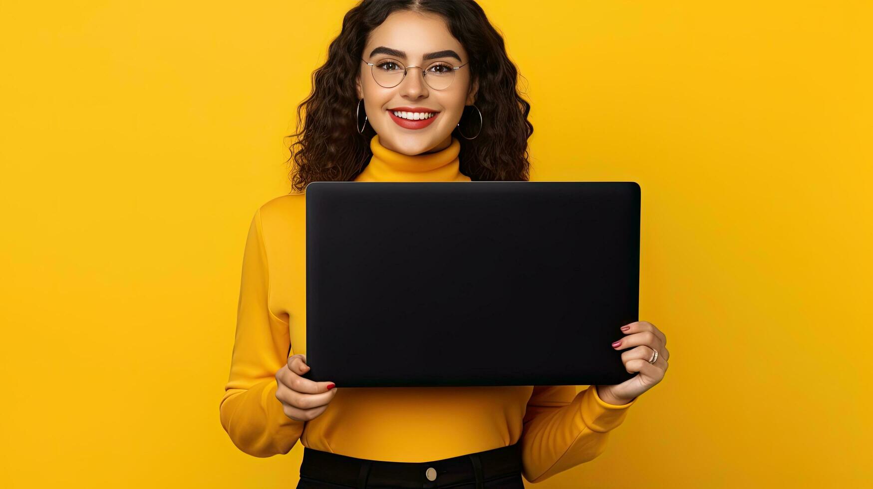 un' giovane donna con un' il computer portatile e vuoto schermo isolato su un' giallo sfondo foto