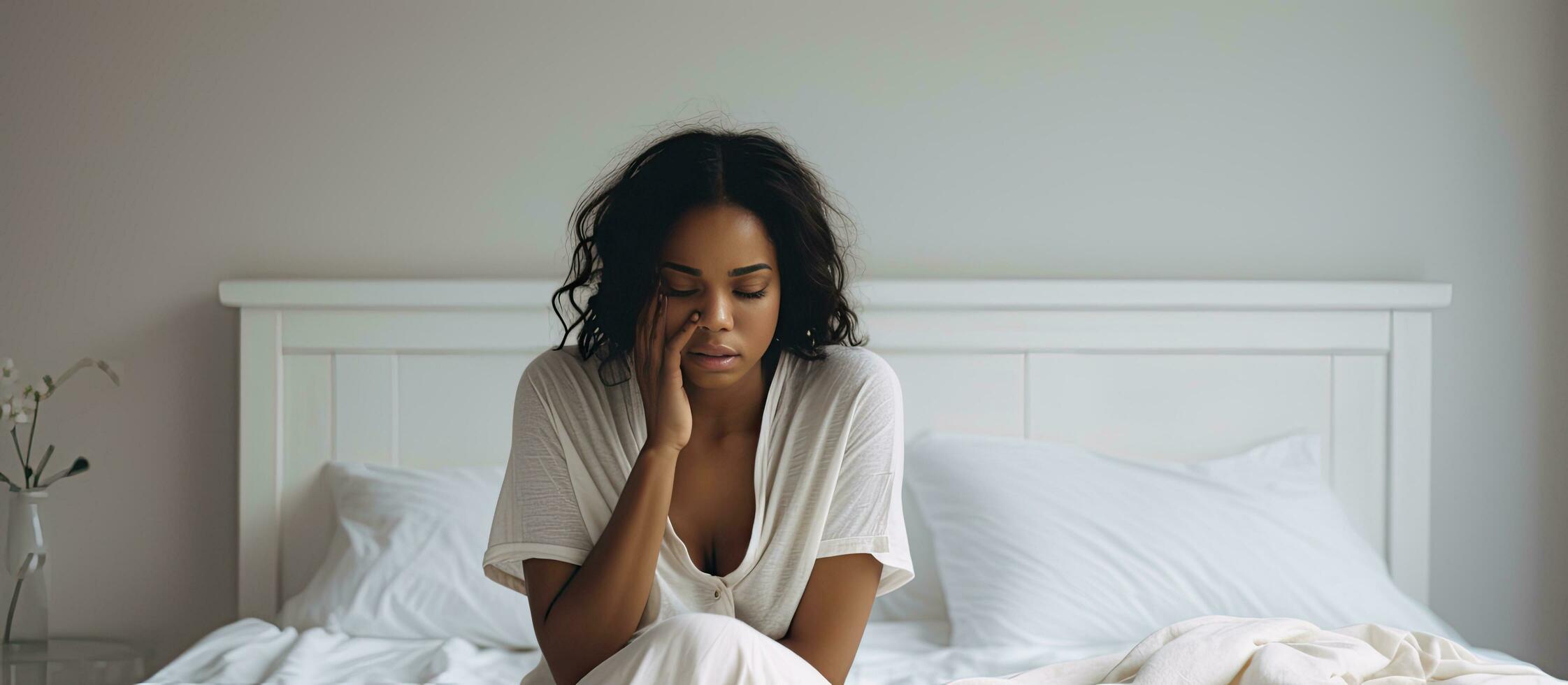 emotivo incinta donna di fronte depressione sperimentare ormonale i cambiamenti afflitto e copertura viso nel bianca Camera da letto foto