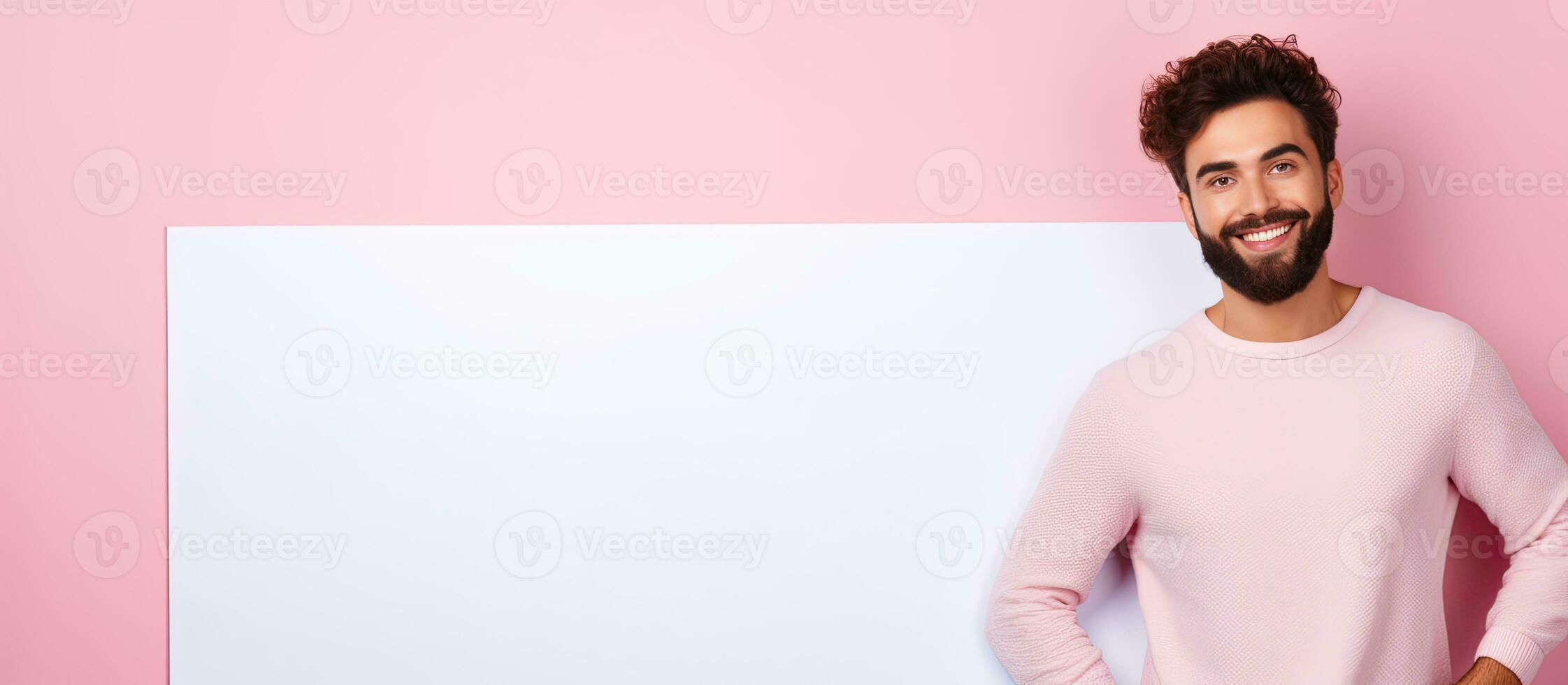 sorridente uomo con un' barba sta di vuoto pubblicità tavola per testo su rosa sfondo foto
