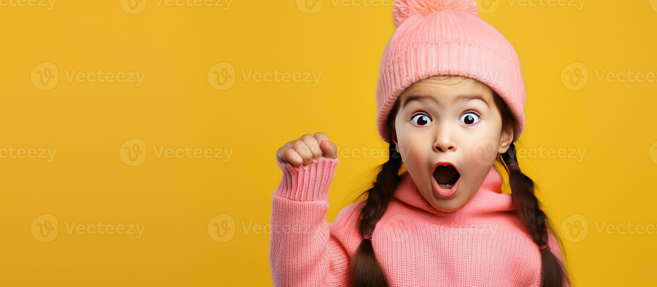 sorpreso ragazza con coda di cavallo nel rosa camicia e Beanie cappello puntamento lontano su giallo sfondo per pubblicità foto