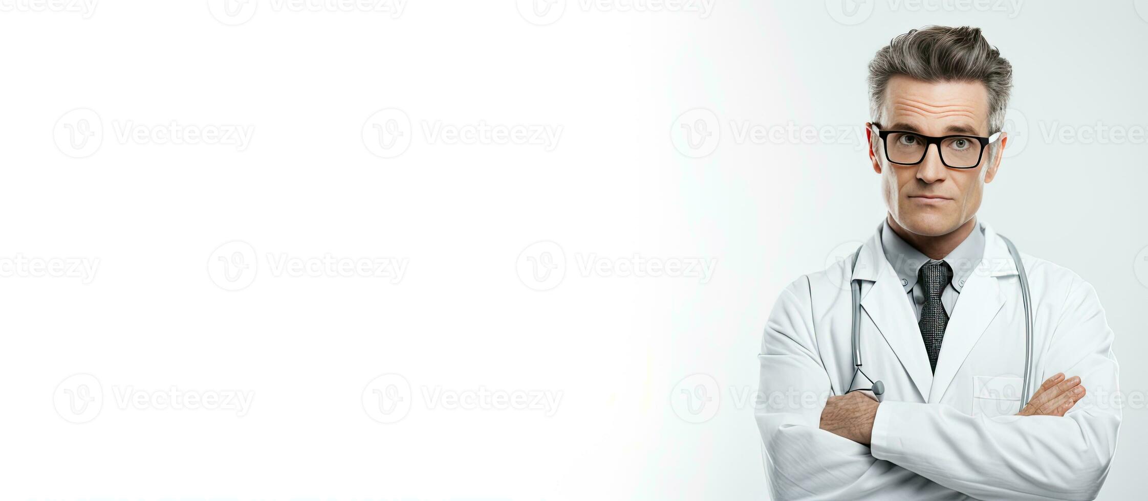 grave uomo medico nel bianca cappotto bicchieri e stetoscopio su bianca sfondo copia spazio per Salute testo foto