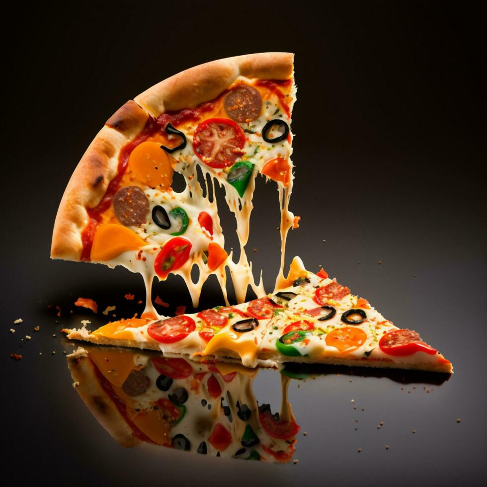 caldo gustoso Pizza con fuoco fiamme su buio sfondo. Immagine per menù o manifesto. ai generativo foto