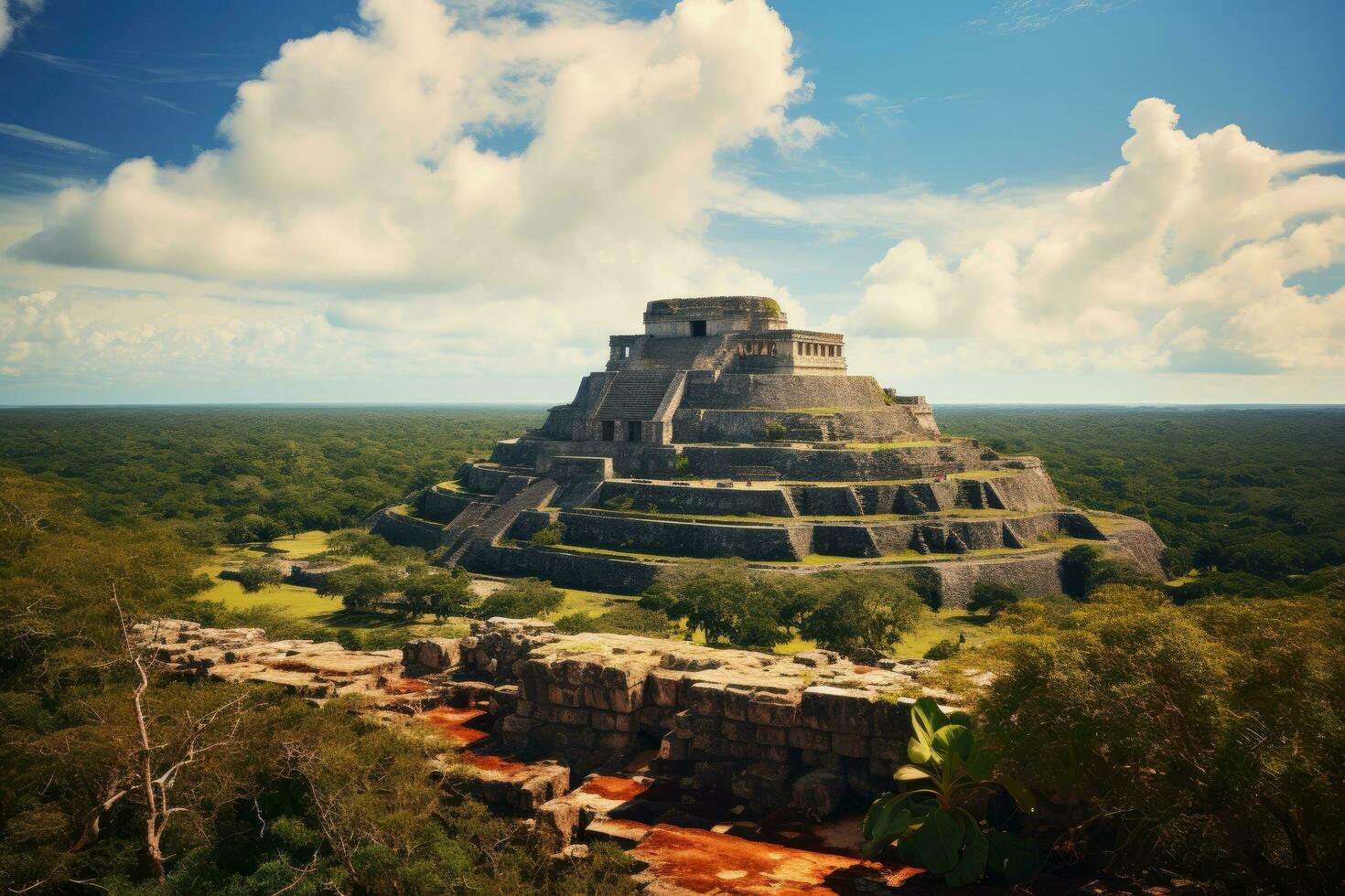 chichen itza, Yucatan, Messico, centrale America, antico Maya Maya tempio arroccato su un' scogliera prospiciente un' mozzafiato, arido paesaggio, ai generato foto