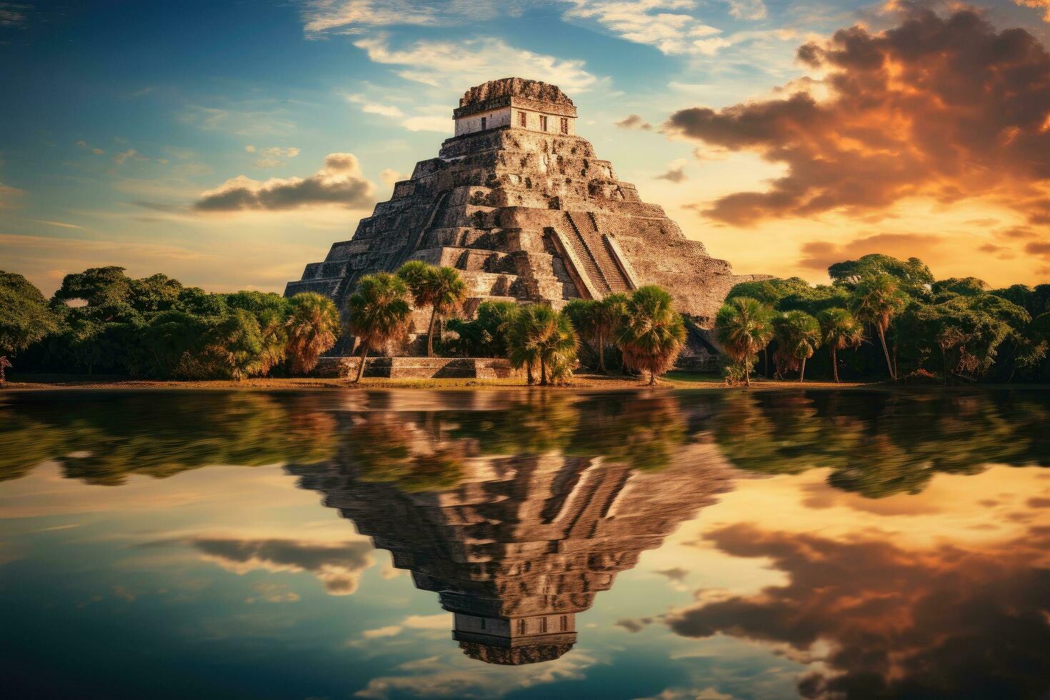 antico Maya piramide nel chichen itza, Yucatan, Messico, antico Maya Maya tempio arroccato su un' scogliera prospiciente un' mozzafiato, arido paesaggio, ai generato foto