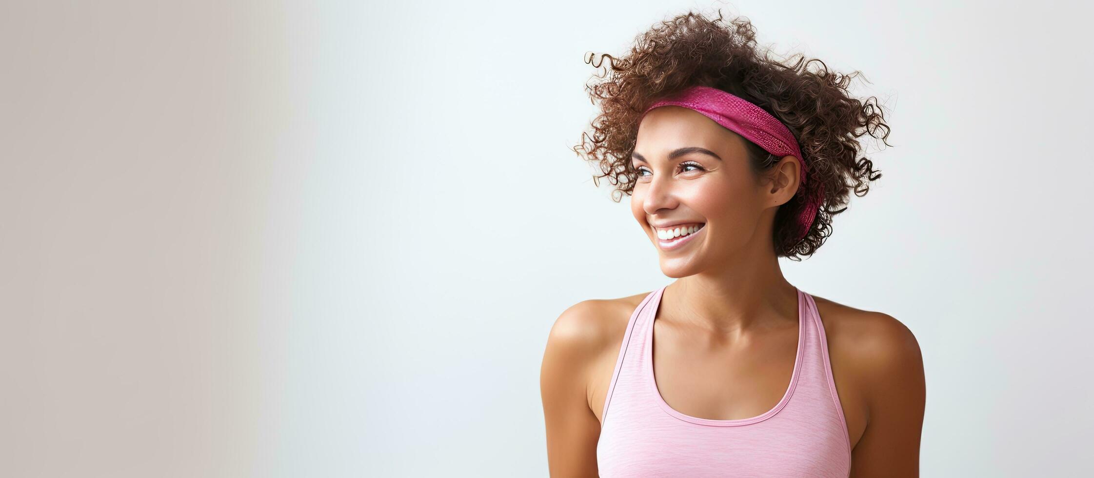 sportivo concetto gioioso donna con rosa fascia per capelli Riccio capelli e vivace superiore pose su bianca sfondo in partenza camera per testo foto