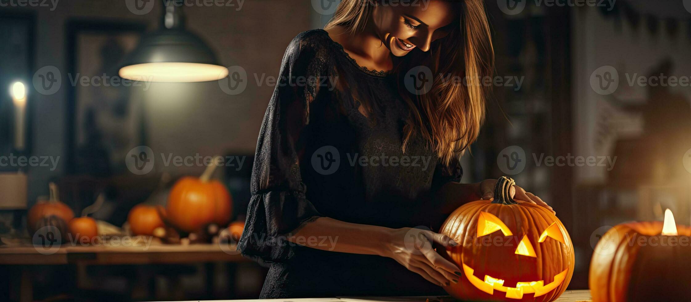 donna a casa intaglio un' zucca per Halloween con un' coltello davanti Visualizza copia spazio foto