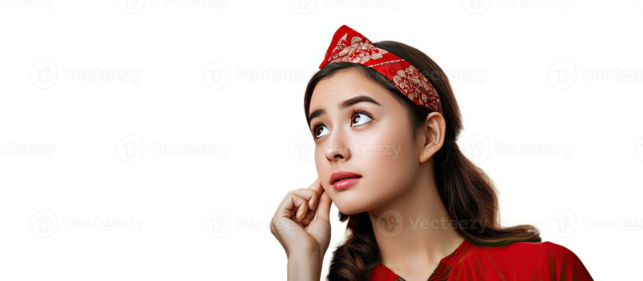 un' giovane donna nel un' kebaya e fascia per capelli sembra per il lato puntamento per un idea su un' vuoto spazio foto