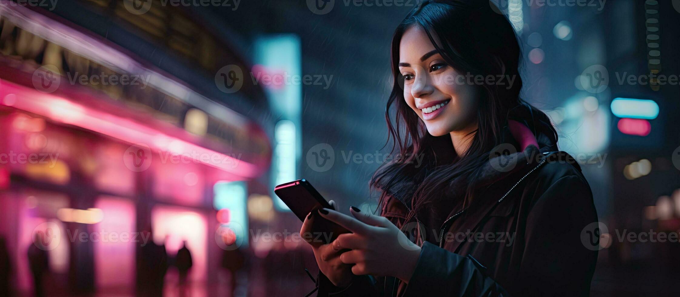 contento donna con smartphone su neon illuminato città strada spedizione o sms su sociale media foto
