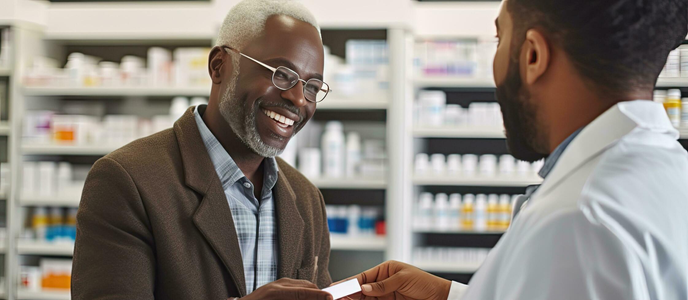 maturo africano americano uomo acquisto medicina a partire dal farmacista nel diverso farmacia foto