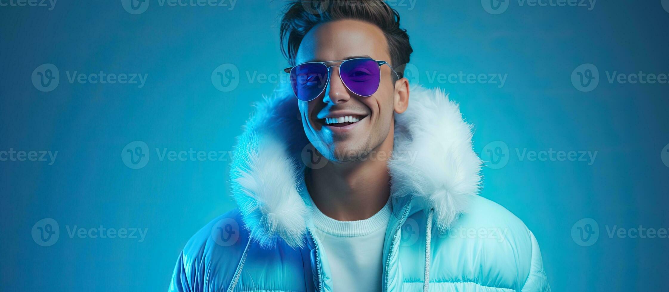 adolescenziale ragazzo nel di moda inverno abbigliamento e bicchieri gli sport un' fiducioso Sorridi contro un' vivace blu fondale in mostra un' moderno moda stile foto