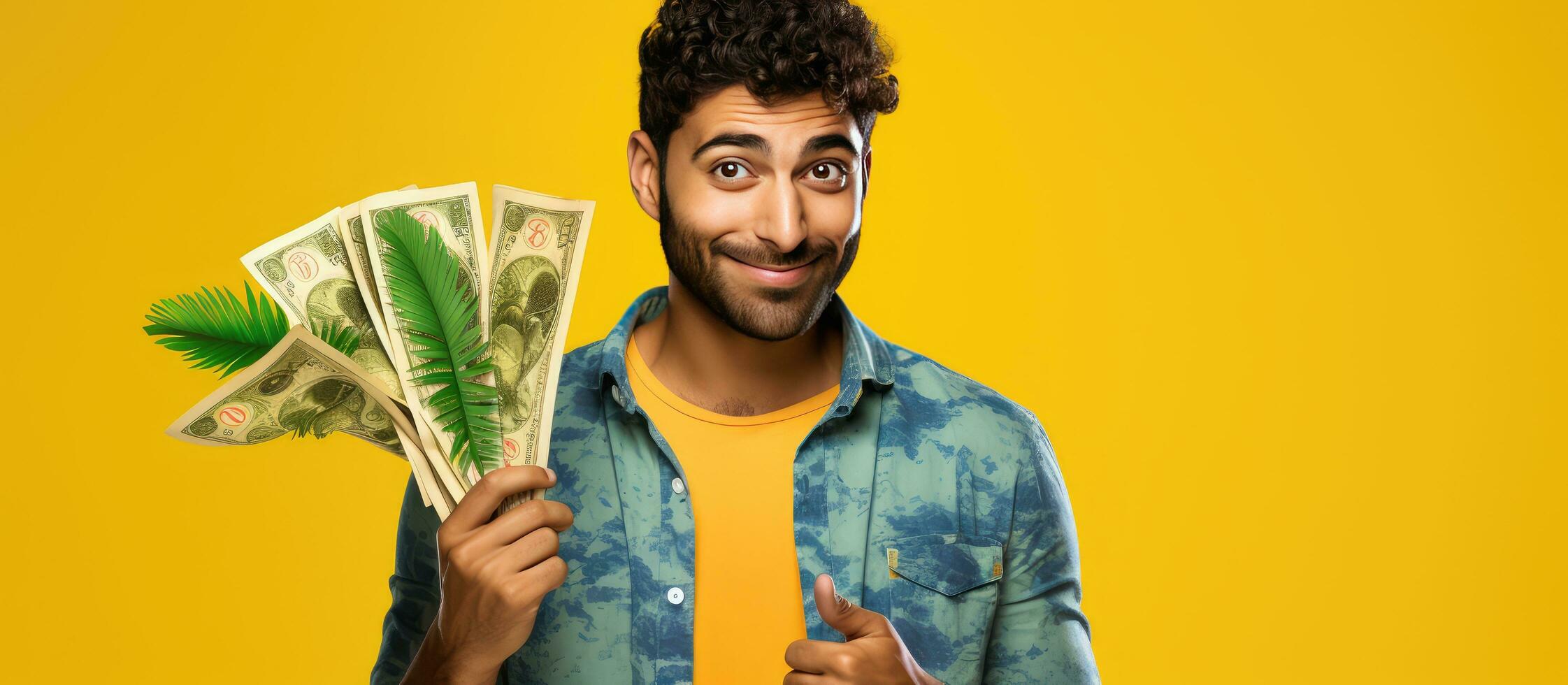 latino uomo con i soldi giallo sfondo mostrando copia spazio su palma foto