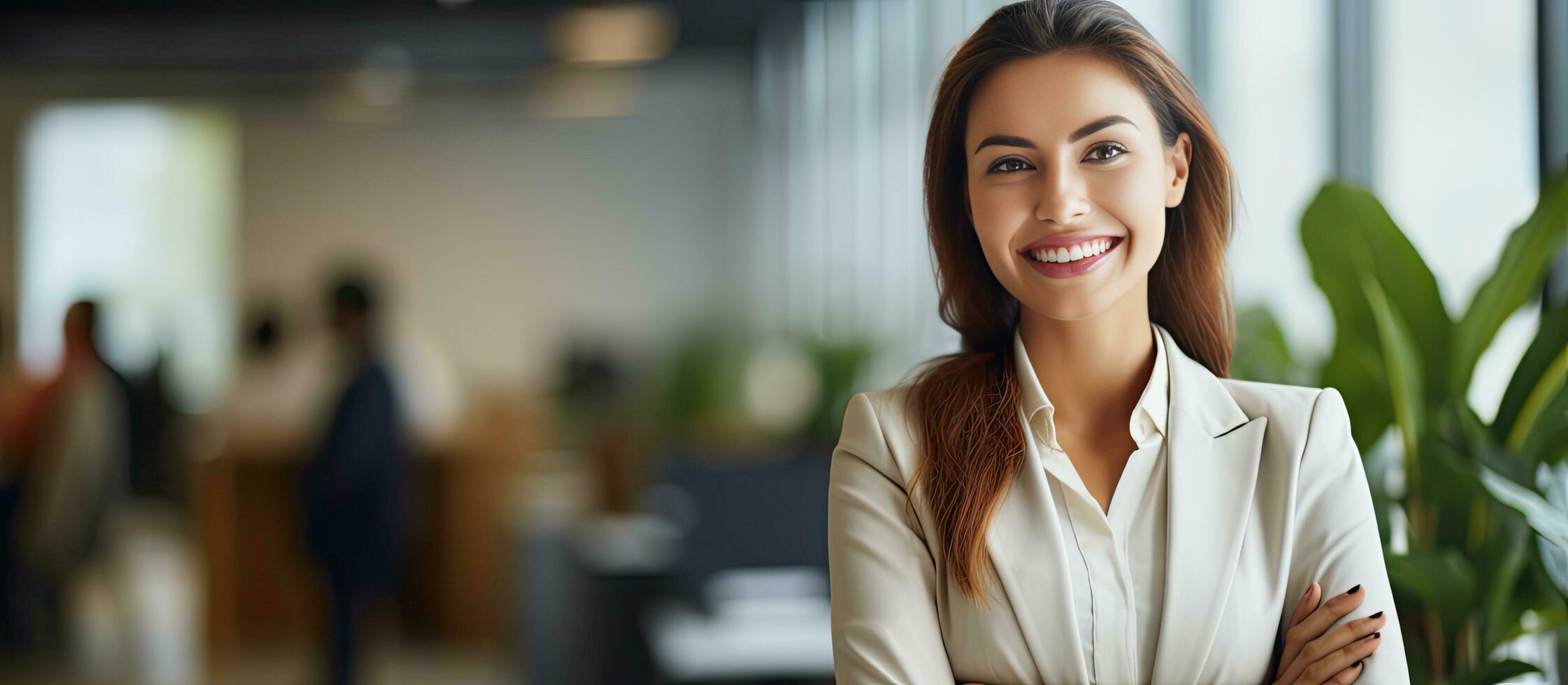 moderno ufficio donna d'affari con camera per copia sorridente foto