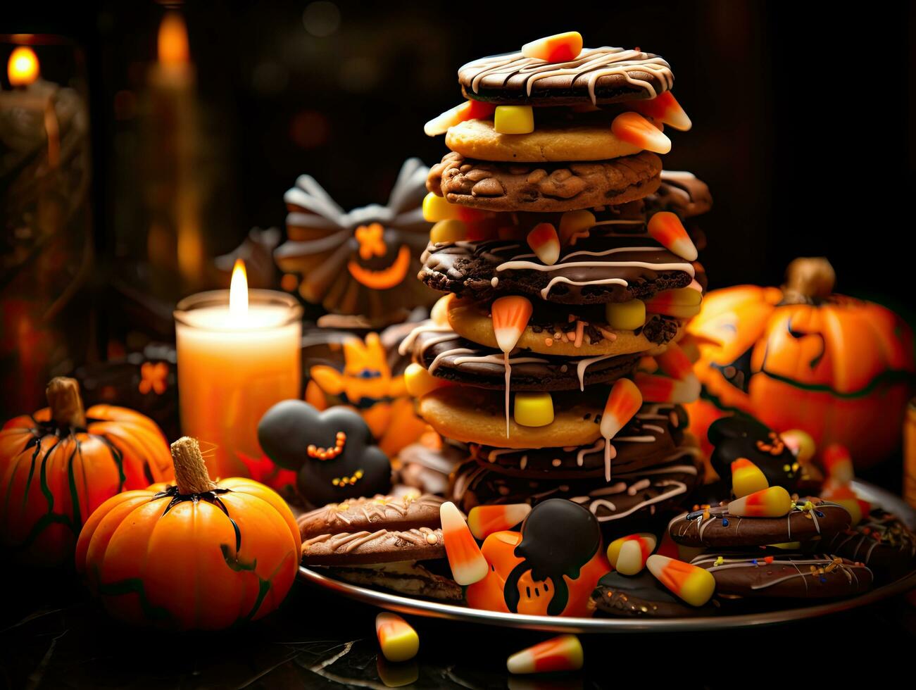 Halloween sfondo con pile di biscotti e caramella foto