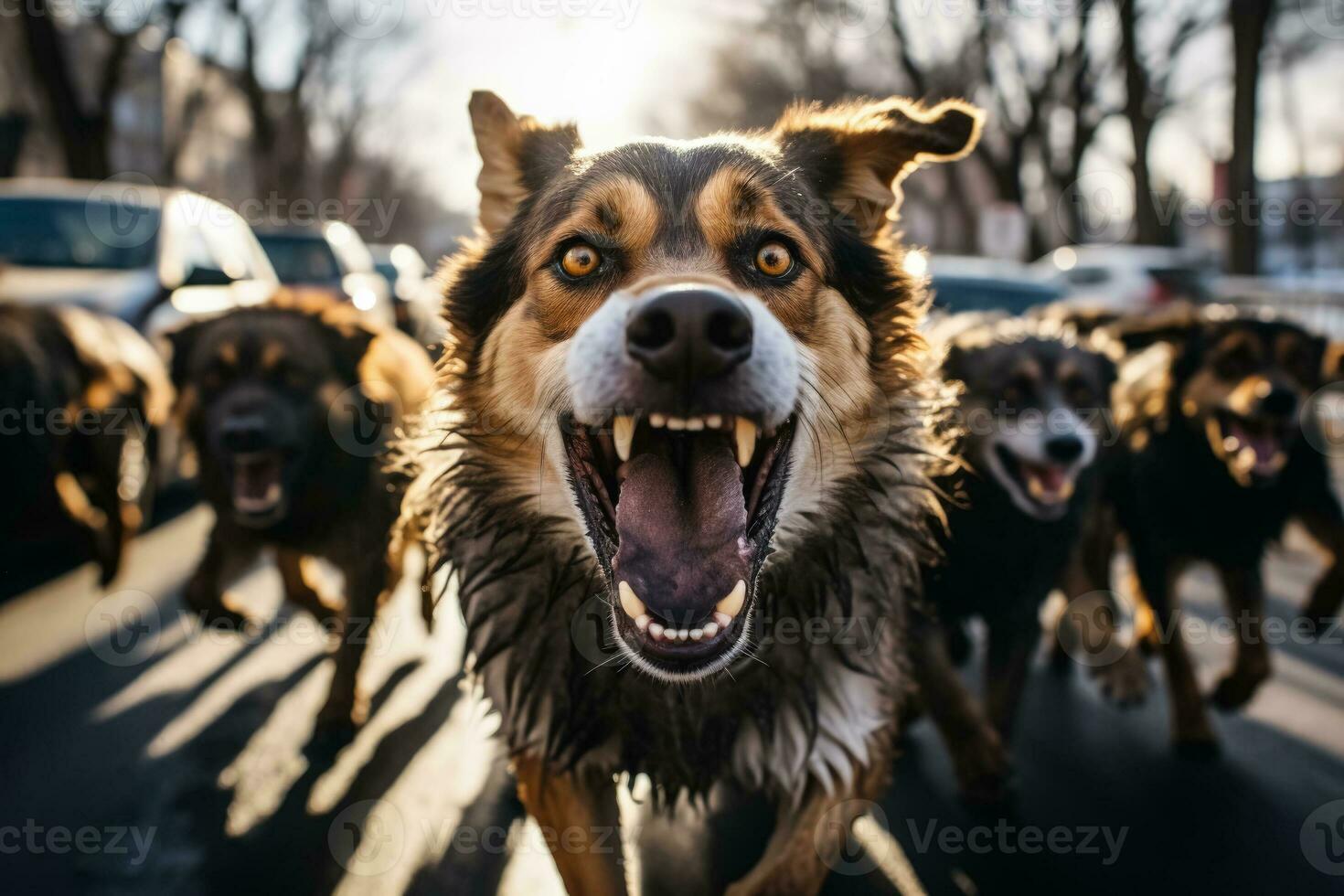 pericoloso incidente su il strada con arrabbiato cani foto