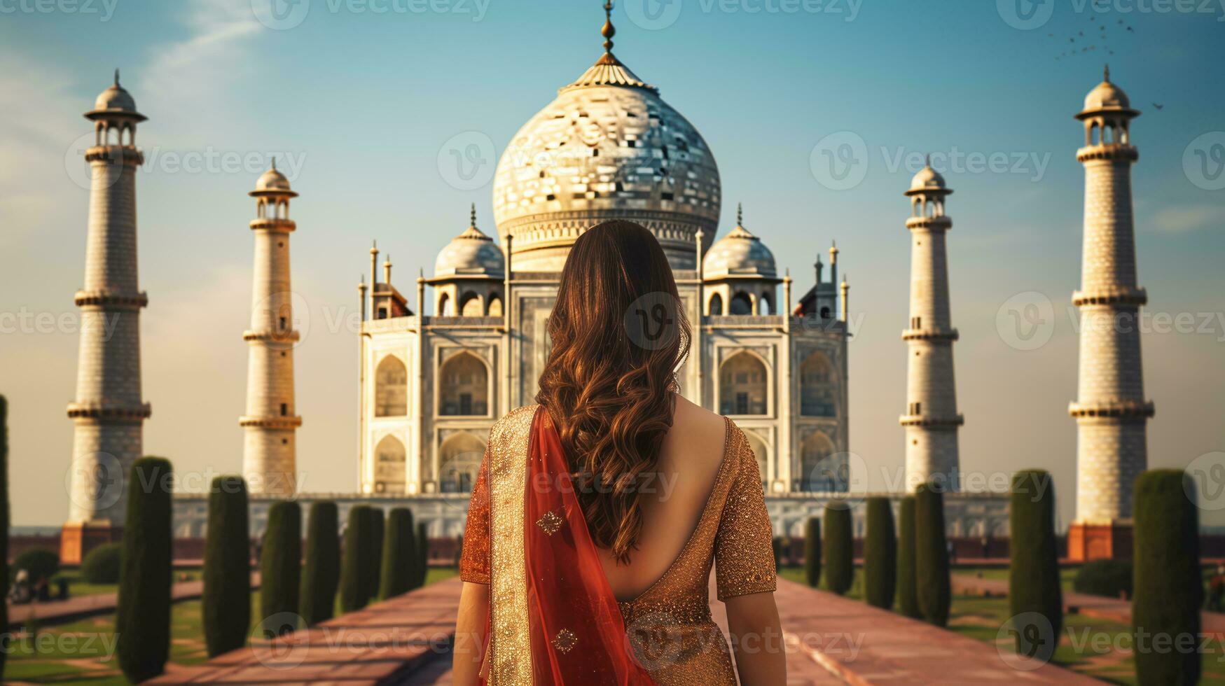 donna nel saree a taj mahal, India. ai generativo foto