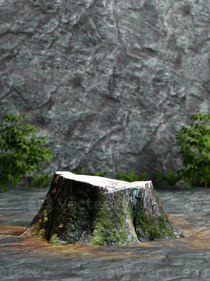 albero tronco ceppo su un' buio roccia sfondo con verde impianti podio Prodotto scena foto
