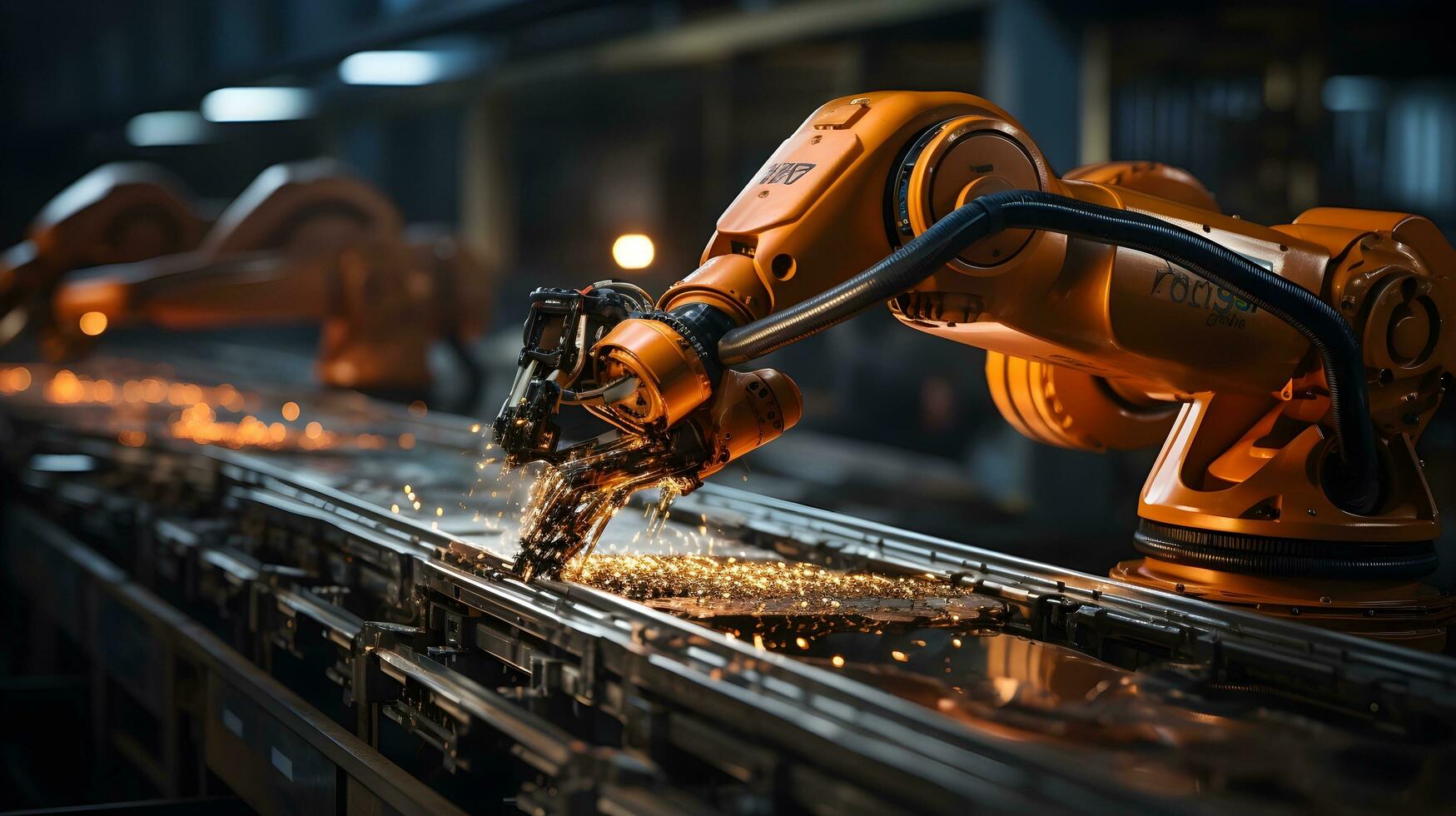 robot Lavorando su un' trasportatore cintura nel un industriale fabbrica. ai generato foto