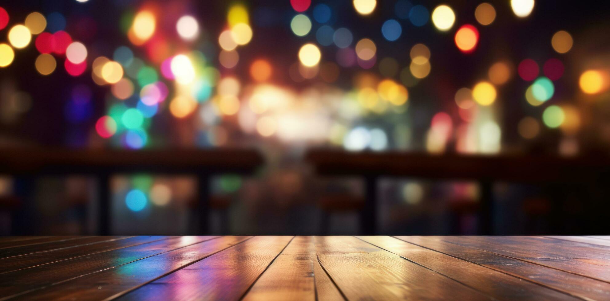 vecchio di legno tavolo nel sfondo di moderno notte club ai generato foto