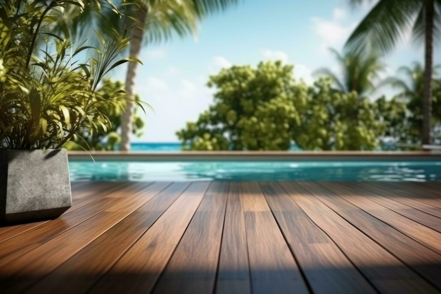 vuoto di legno pavimento vicino il piscina foto