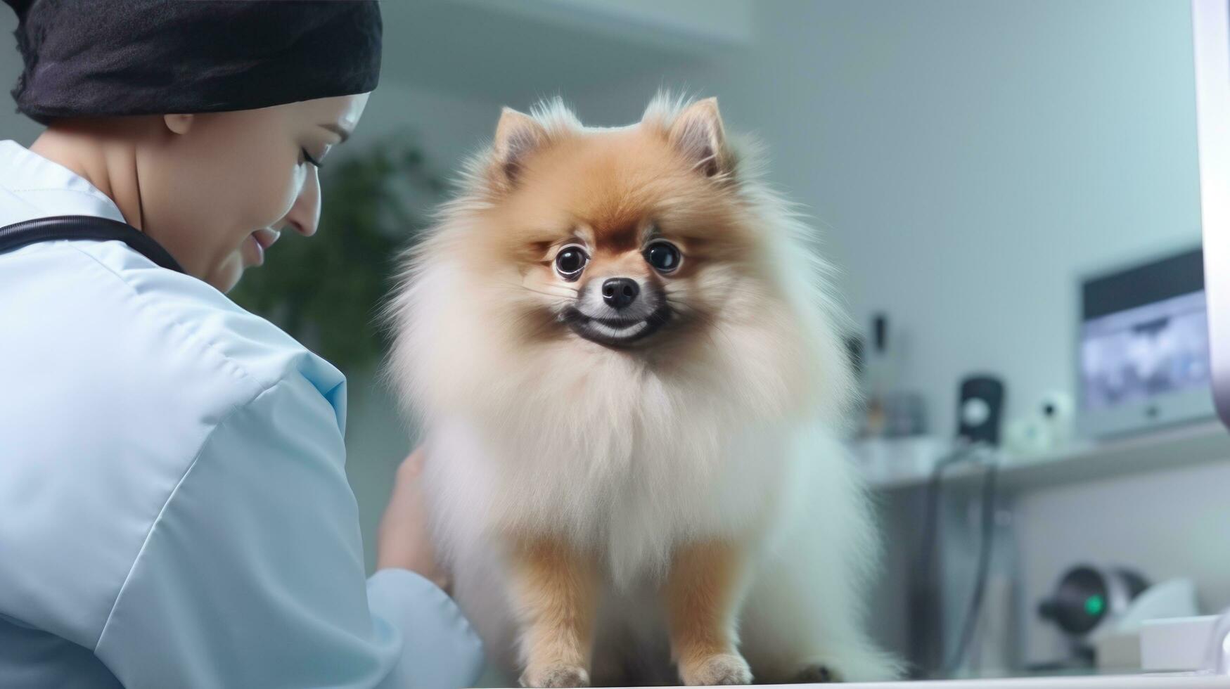 un' veterinario nel un' clinica guardare a un' cane foto