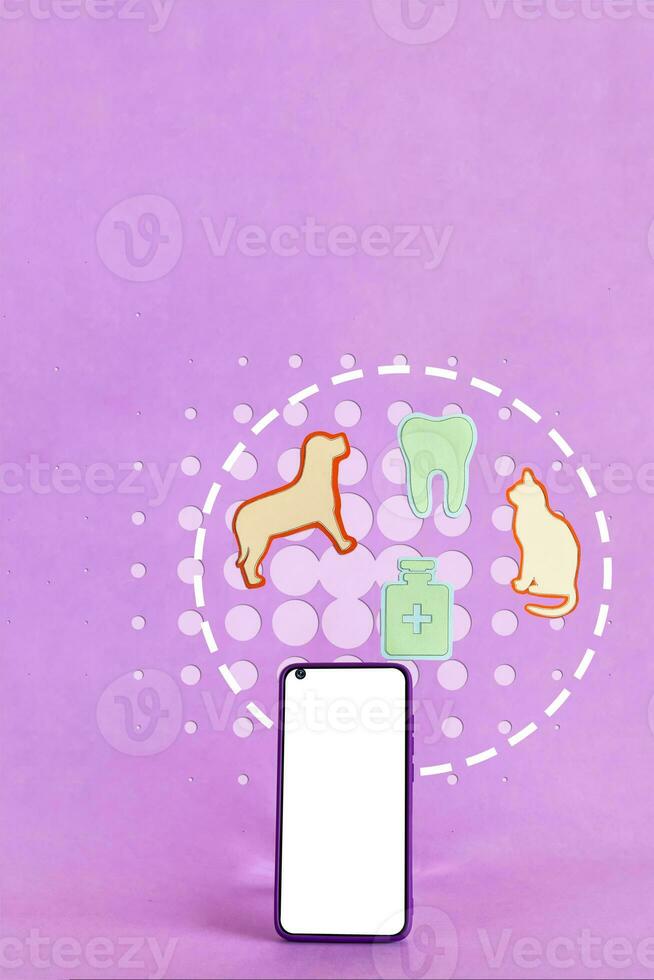 inteligente Telefono circondato di animale e medicina forme su viola sfondo. veterinario in linea concetto. foto