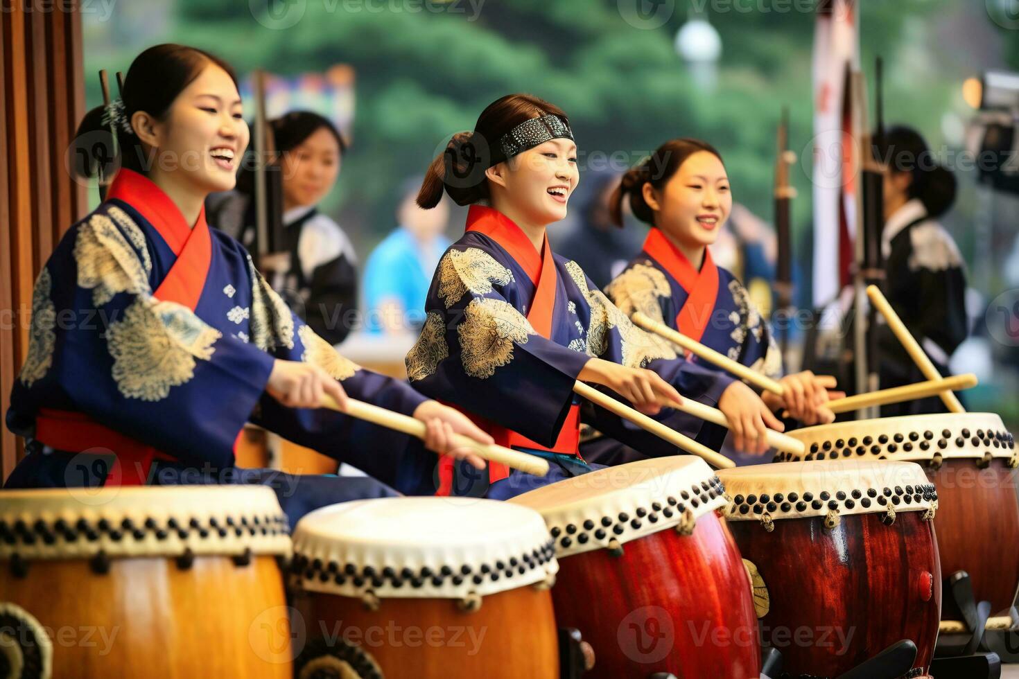 gruppo di donne giocando batteria, tradizionale coreano Festival. generativo ai foto