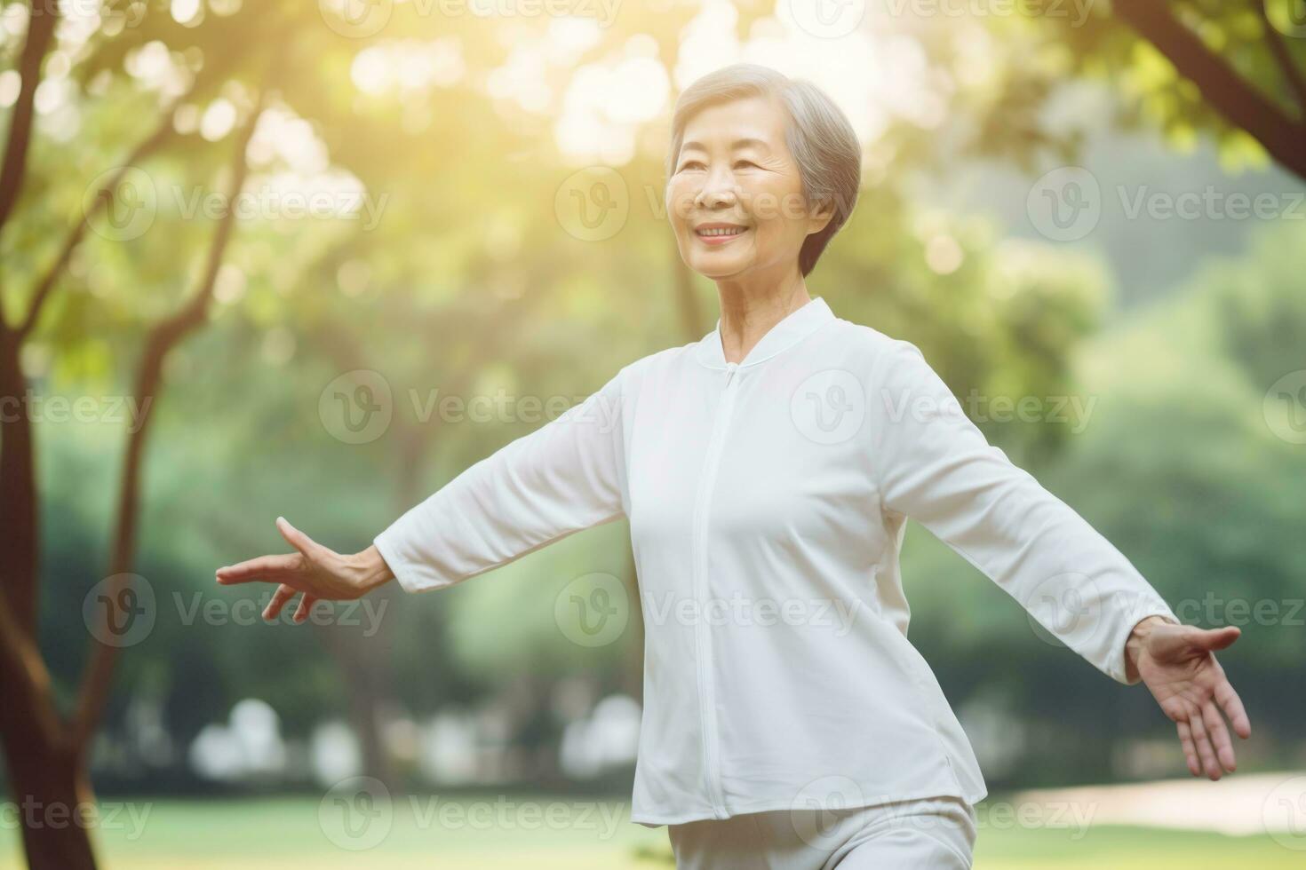 pensionato asiatico donna praticante tai chi chuan a parco. generativo ai foto