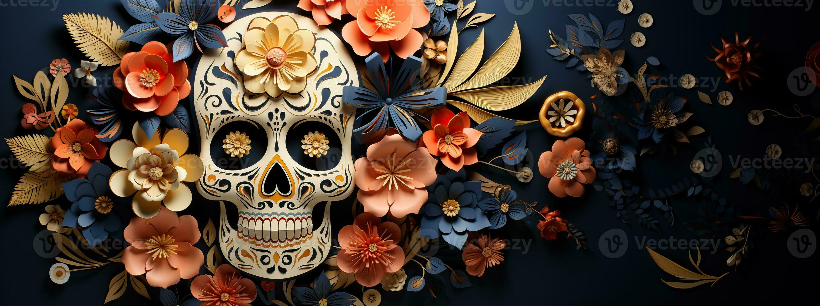 messicano Caterina cranio maschera decorato con fiori tipico di il dia de los muertos. generativo ai foto