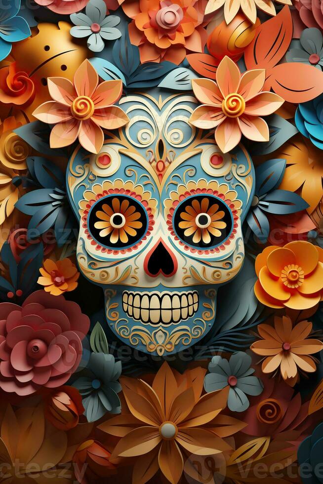 messicano Caterina cranio maschera decorato con fiori tipico di il dia de los muertos. generativo ai foto
