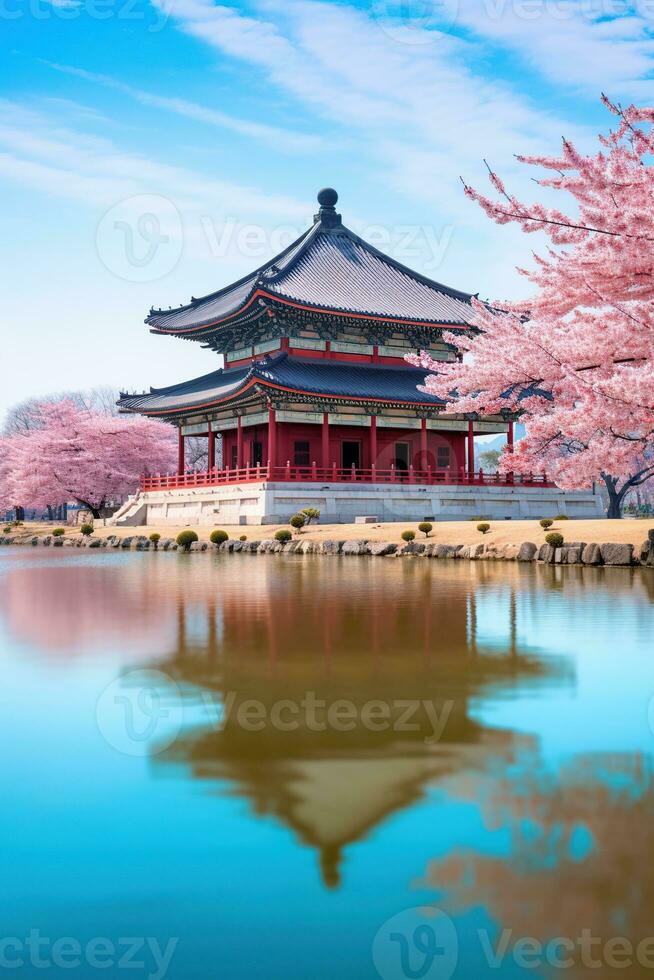 Gyeongbokgung palazzo con ciliegia fiore. generativo ai foto