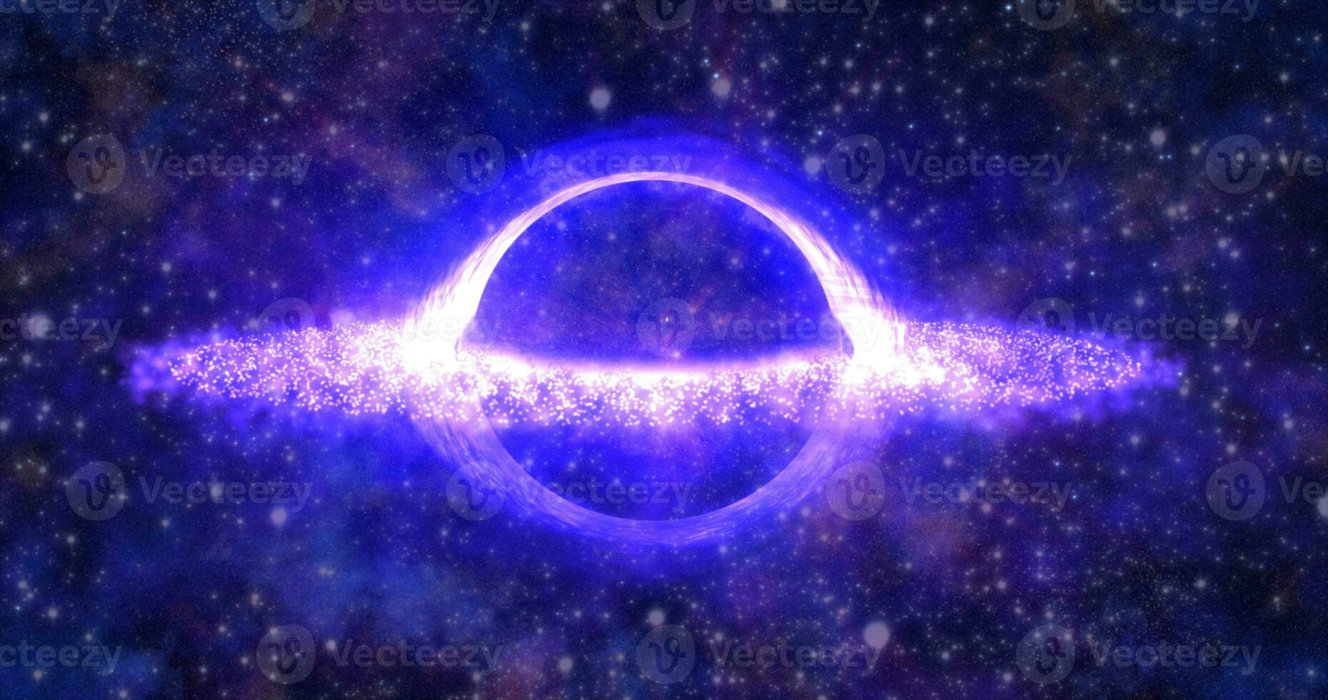 luminosa nero buco nel Aperto spazio con Filatura energia particelle, cosmico sfera nel blu e viola colore raggiante astratto sfondo foto