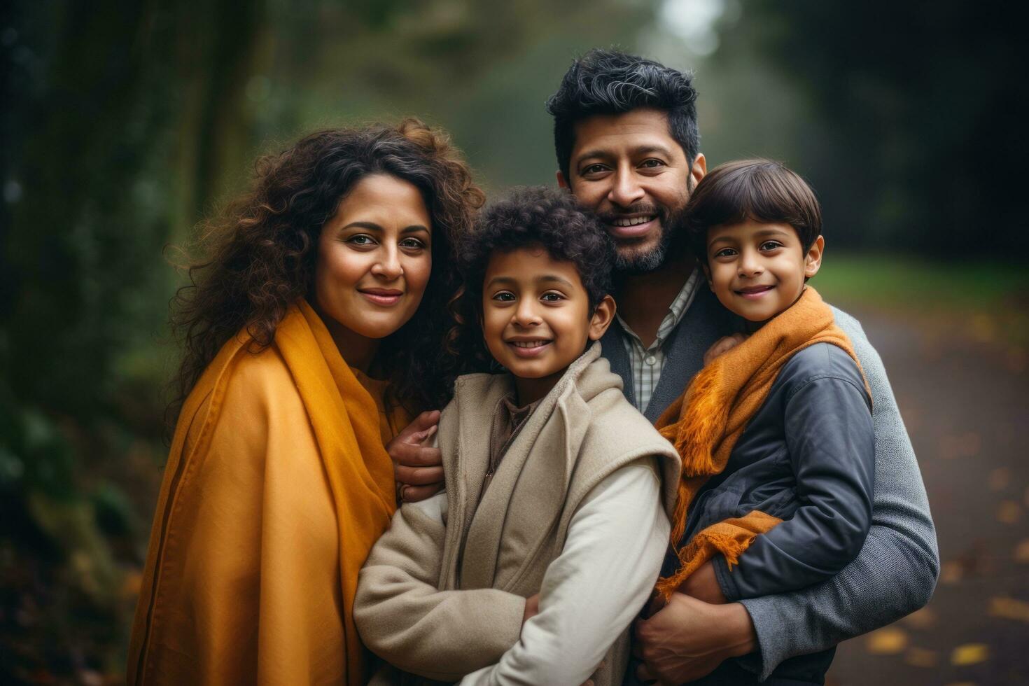 indiano un' famiglia Tenere bambini nel loro braccia nel un' parco foto