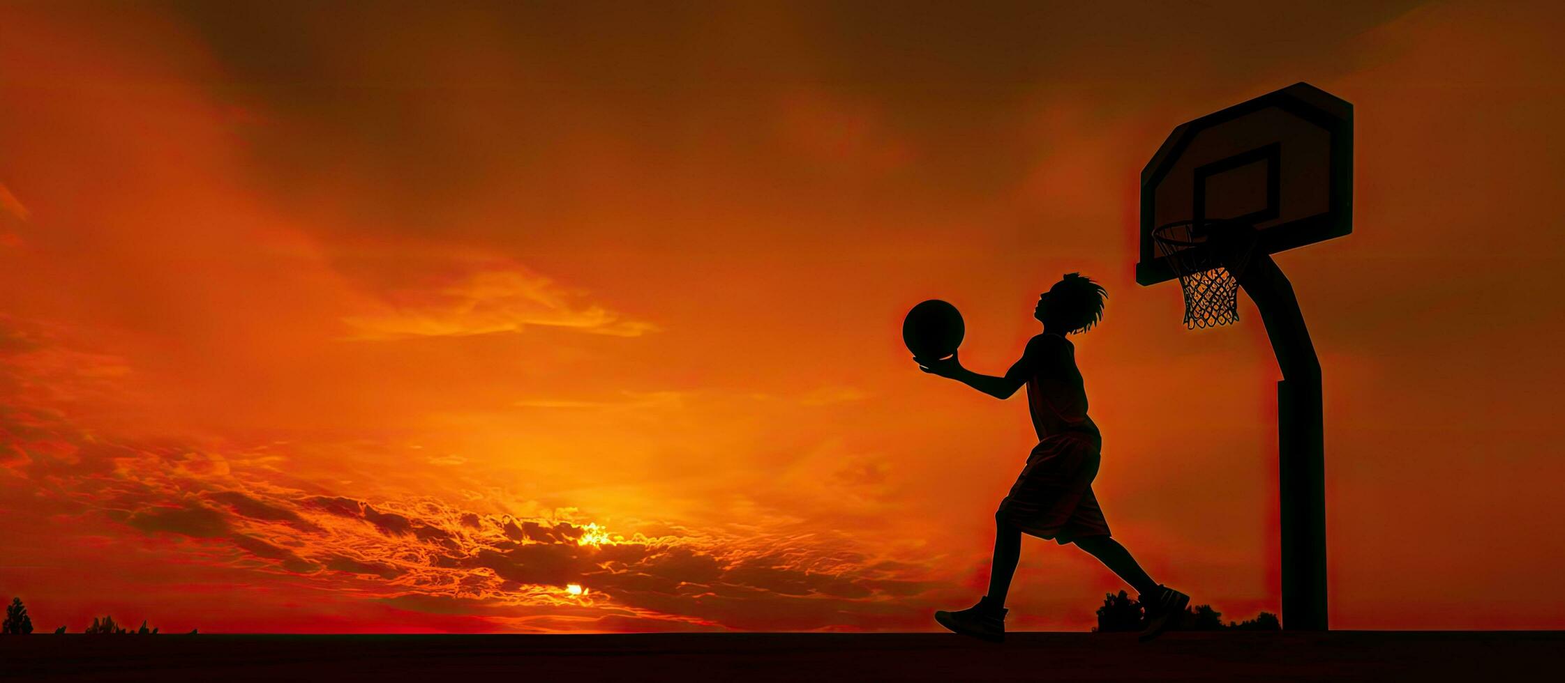 adolescente maschio giocando pallacanestro a tramonto ombra con spazio per testo foto