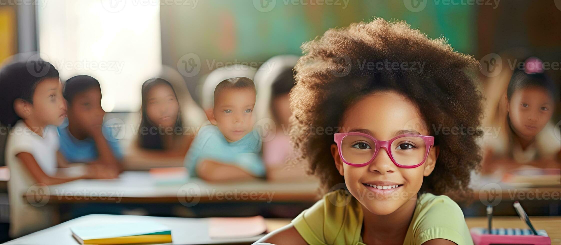 birazziale ragazza con diverso classe a scrivania apprendimento nel scuola foto