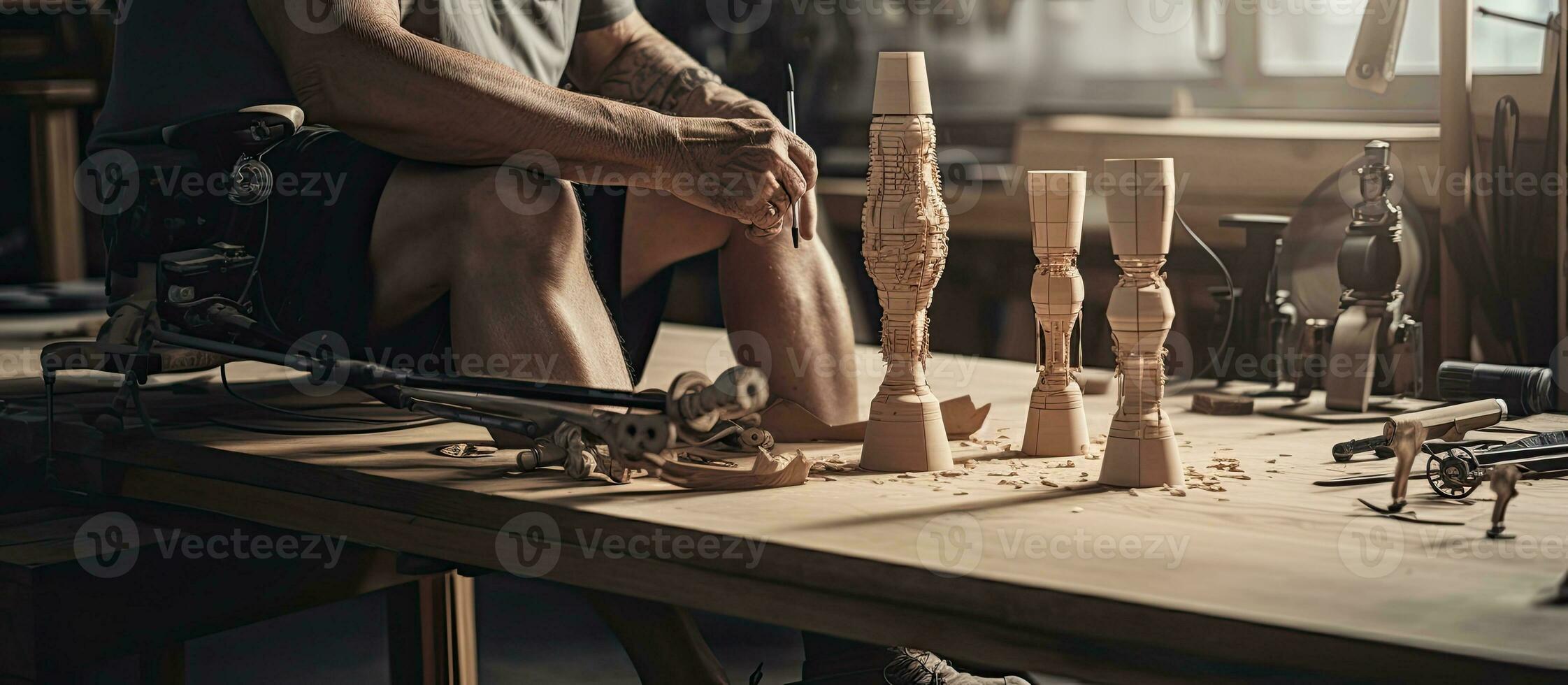 anziano artigiano lavorazione gamba protesi nel laboratorio vicino su tiro vuoto la zona per testo foto