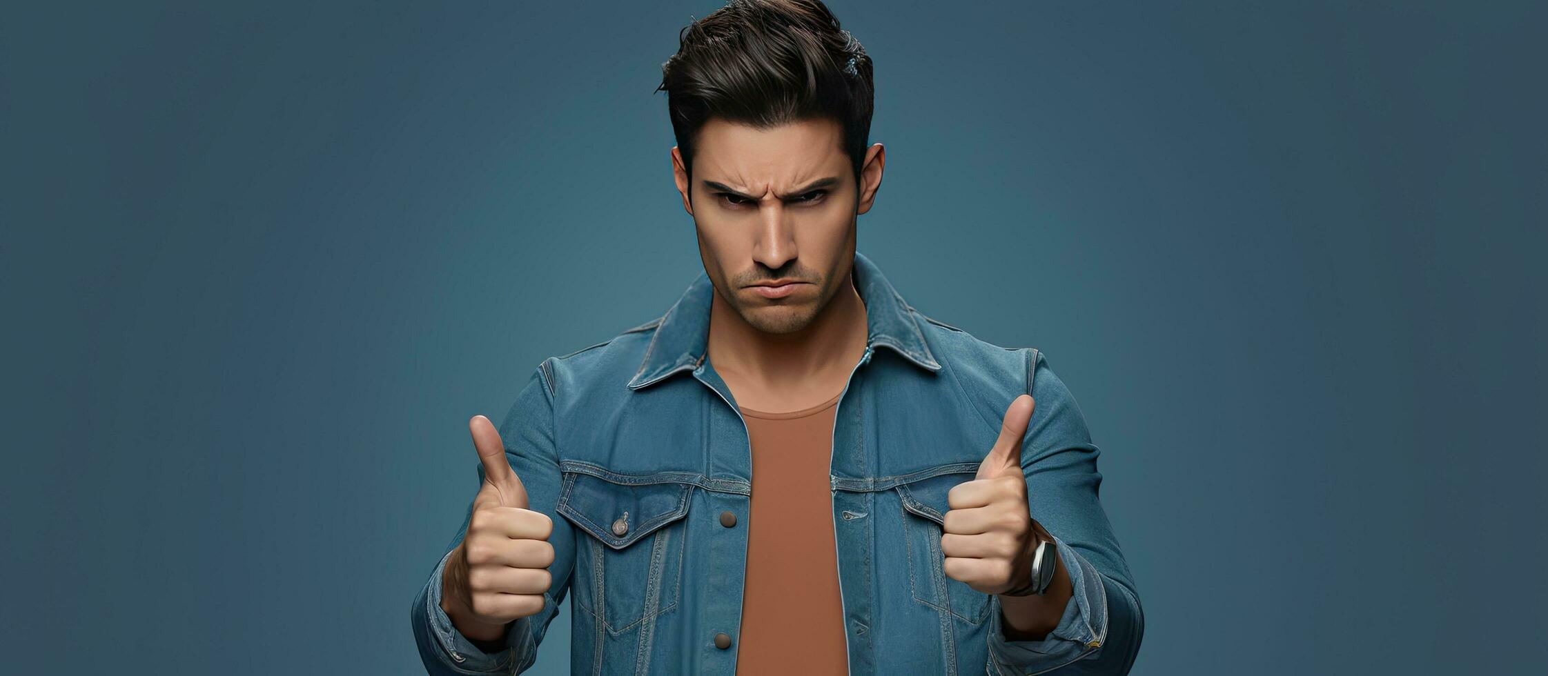 scontento giovane americano uomo indossare denim giacca su blu sfondo con camera per testo foto