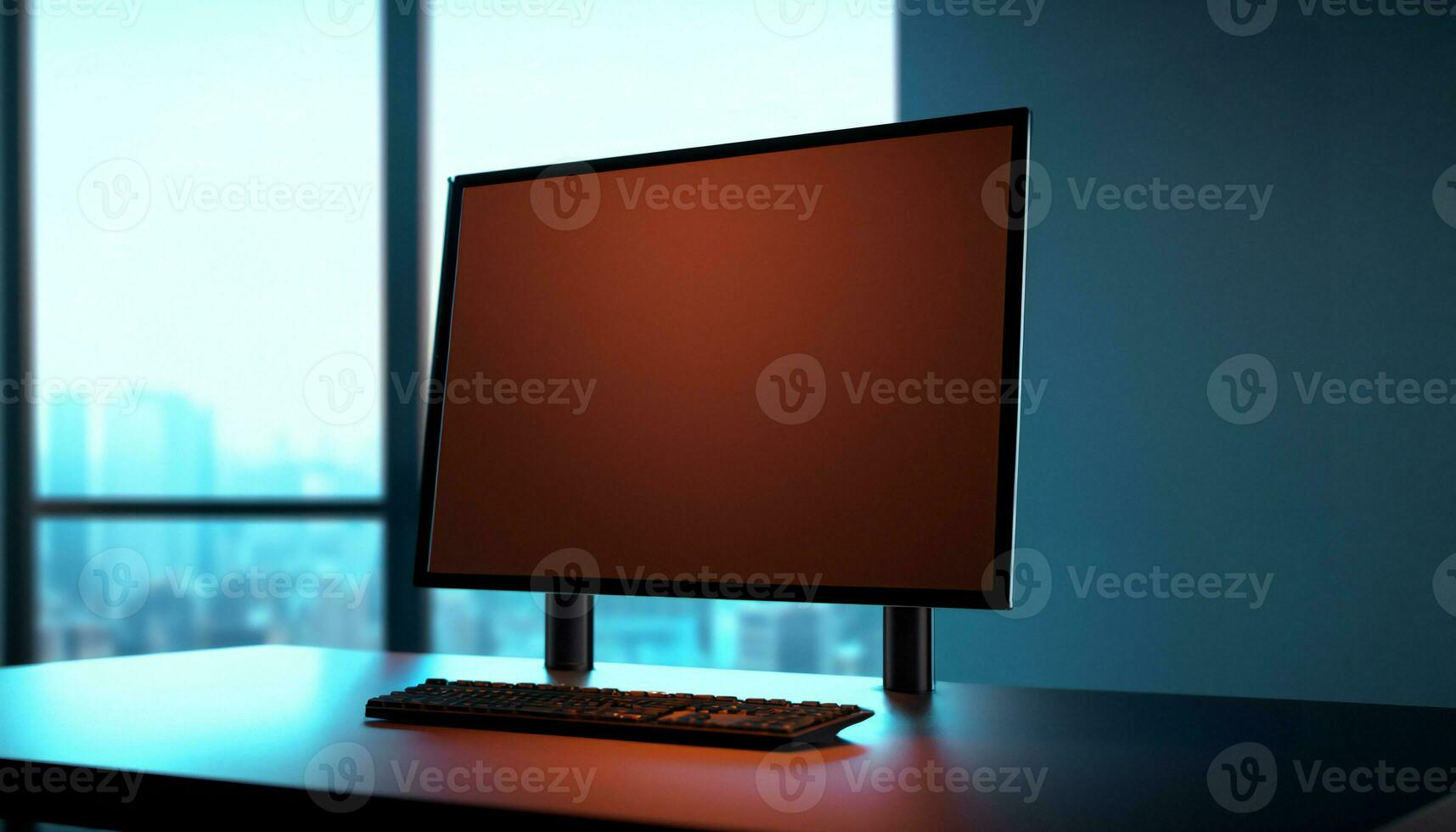 moderno posto di lavoro con computer tenere sotto controllo. davanti Visualizza schermo modello. ai generativo foto