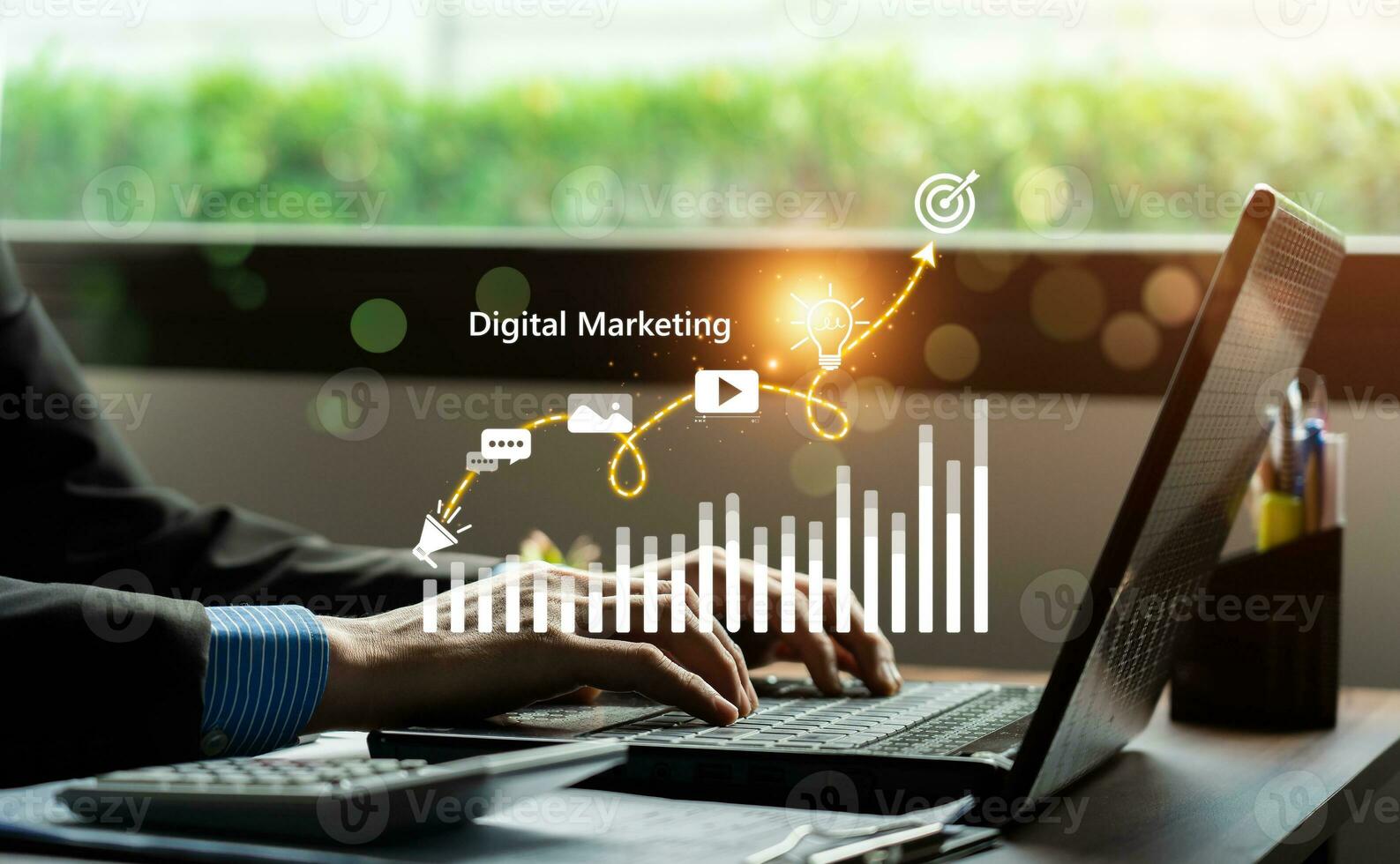 digitale marketing commercio in linea vendita concetto, promozione di prodotti o Servizi attraverso digitale canali ricerca motore, sociale media, e-mail, sito web, digitale marketing strategie e obiettivi. SEO ppc foto