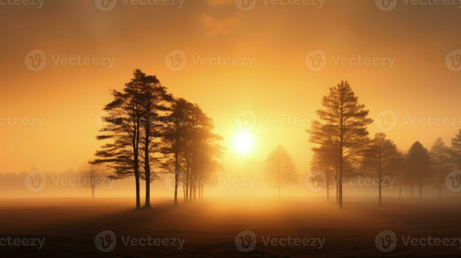 Alba sopra nebbioso campo con albero lineamenti. silhouette concetto foto