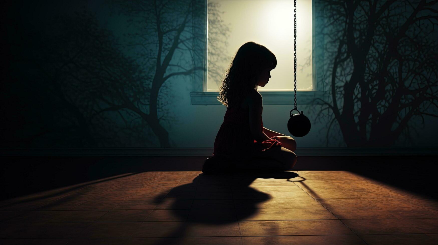un' solitario giovane ragazza giocando senza azienda qui vicino. silhouette concetto foto