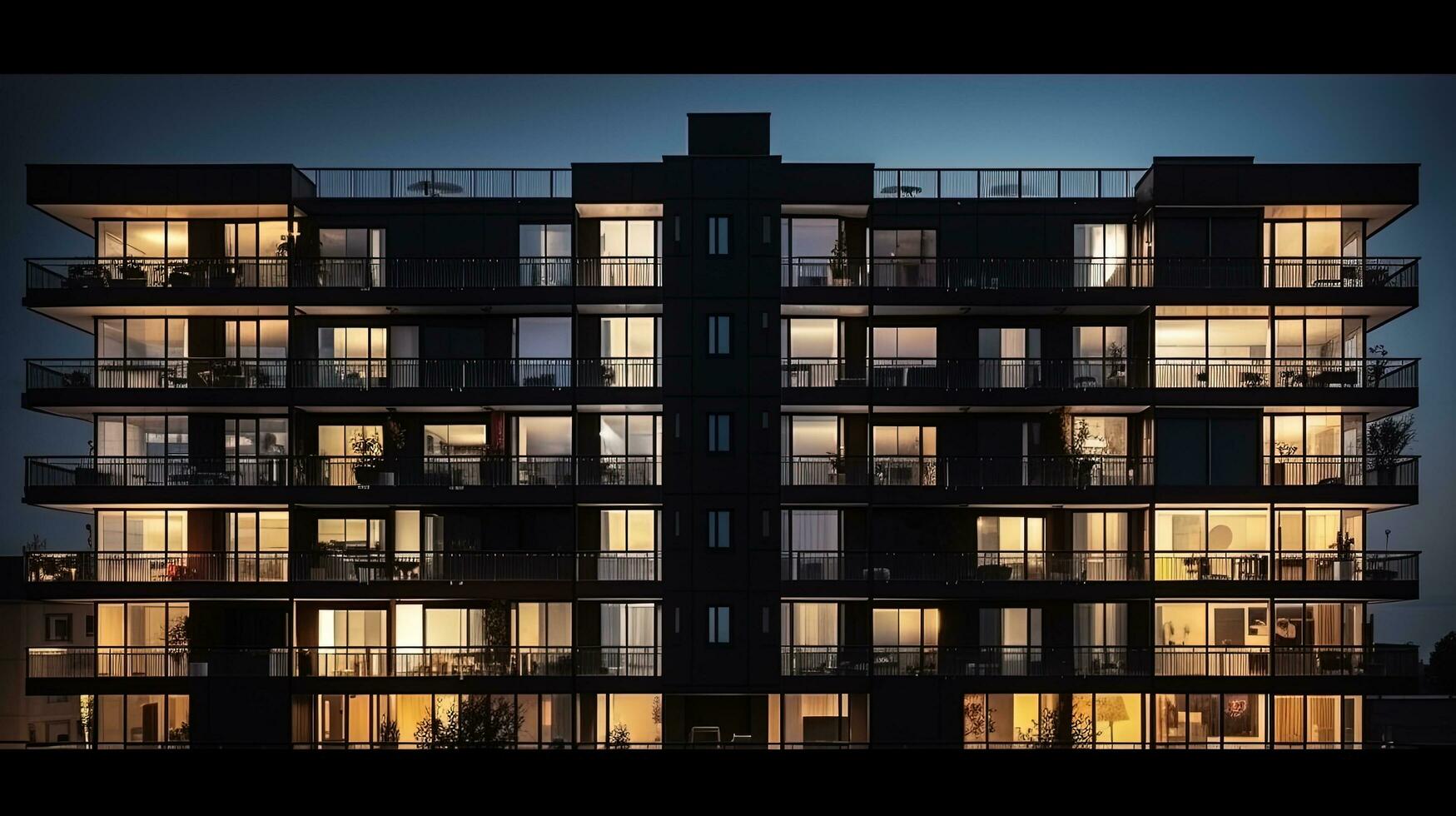 contemporaneo ore notturne architettura con uniforme finestre e balconi nel un' Residenziale o Hotel edificio. silhouette concetto foto