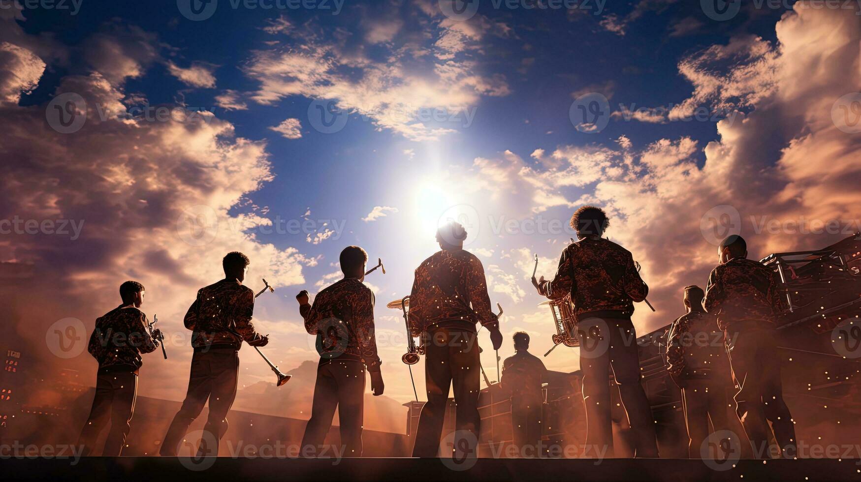 alto scuola musicisti eseguire a un' calcio gioco. silhouette concetto foto