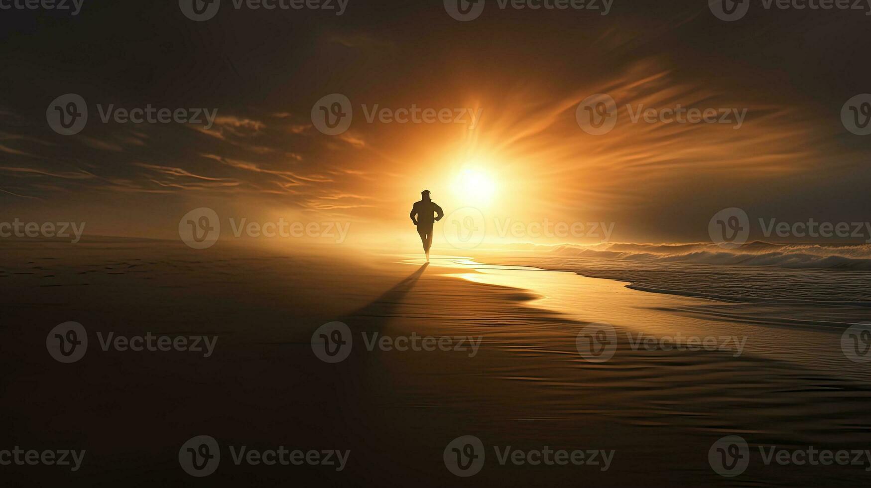 un' solitario figura sprint lungo un' desolato riva come il vento fruste sabbia attraverso il spiaggia. silhouette concetto foto