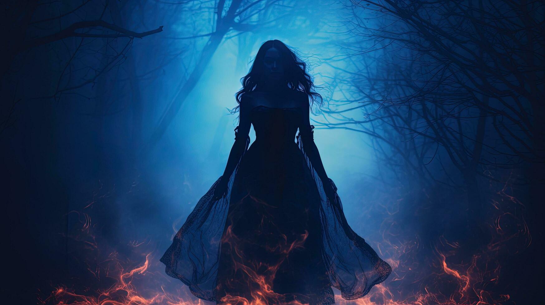 misterioso donna nel debolmente illuminato foresta getto un' ardente sillabare con sua mani un' Regina con vampiro piace poteri indossare Vintage ▾ medievale abbigliamento e un' inquietante Halloween aes. silhouette concetto foto