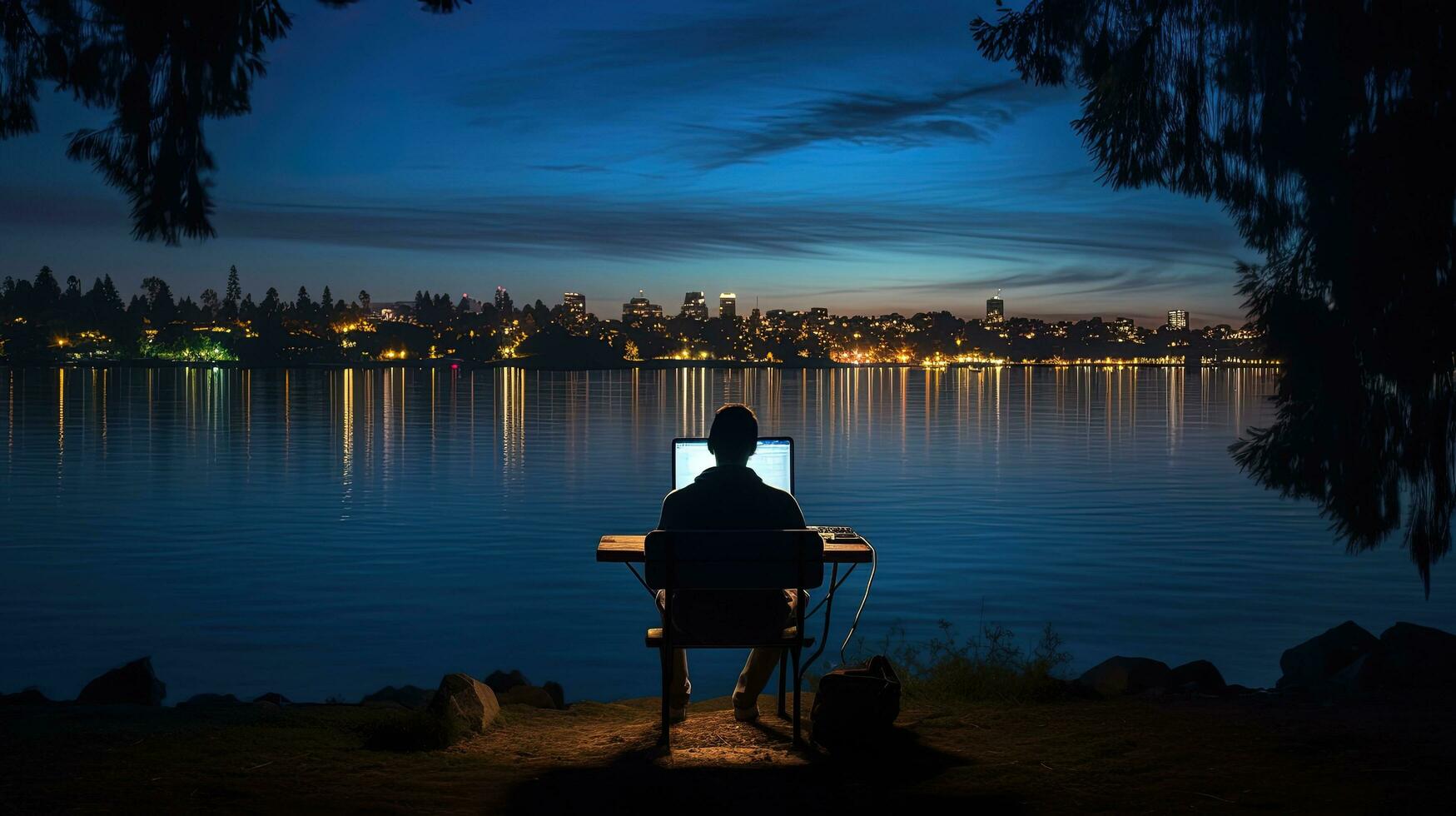 uomo seduta su lago merritt panchina con il computer portatile. silhouette concetto foto