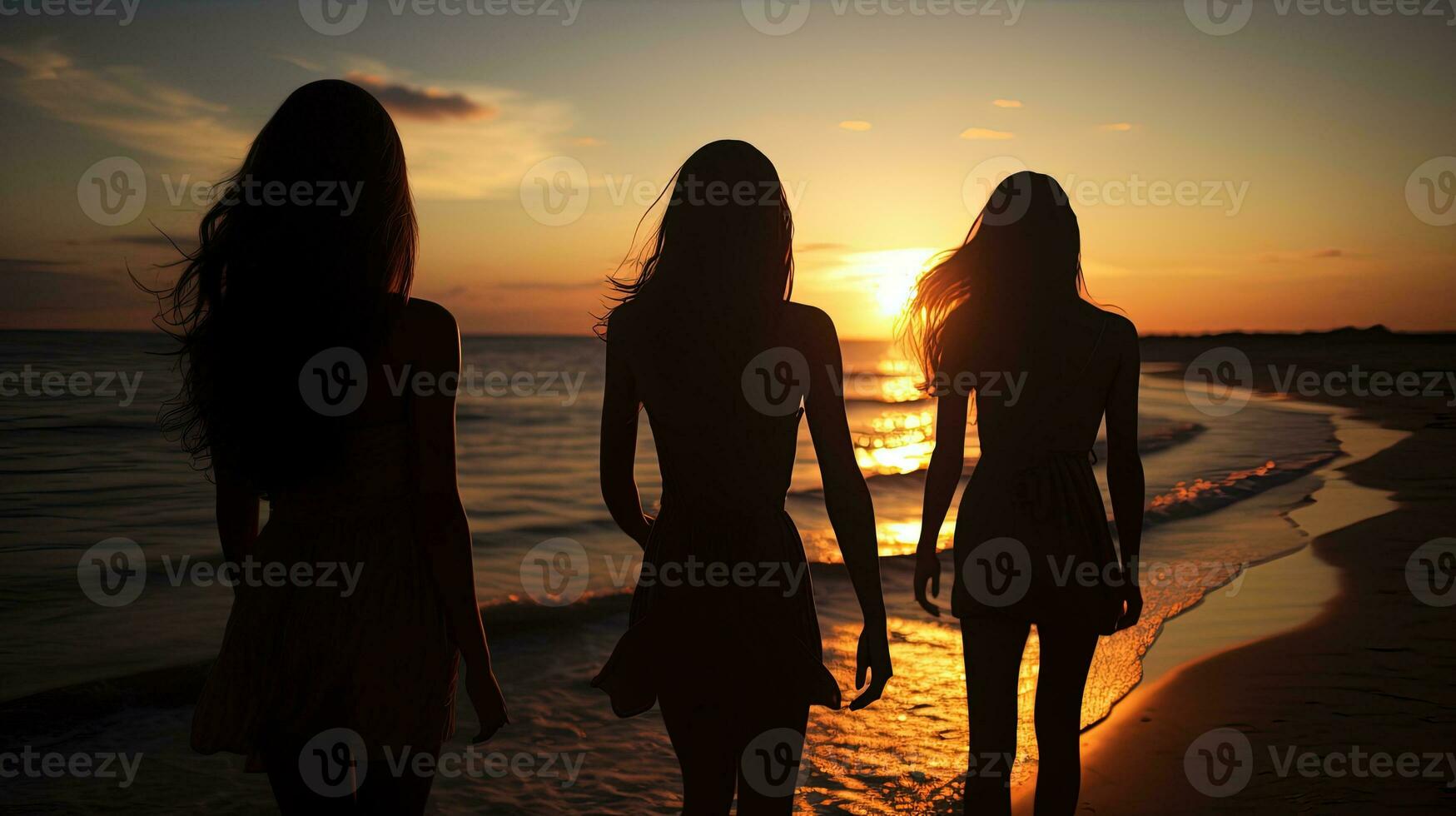 ragazze su spiaggia a tramonto delineato. silhouette concetto foto