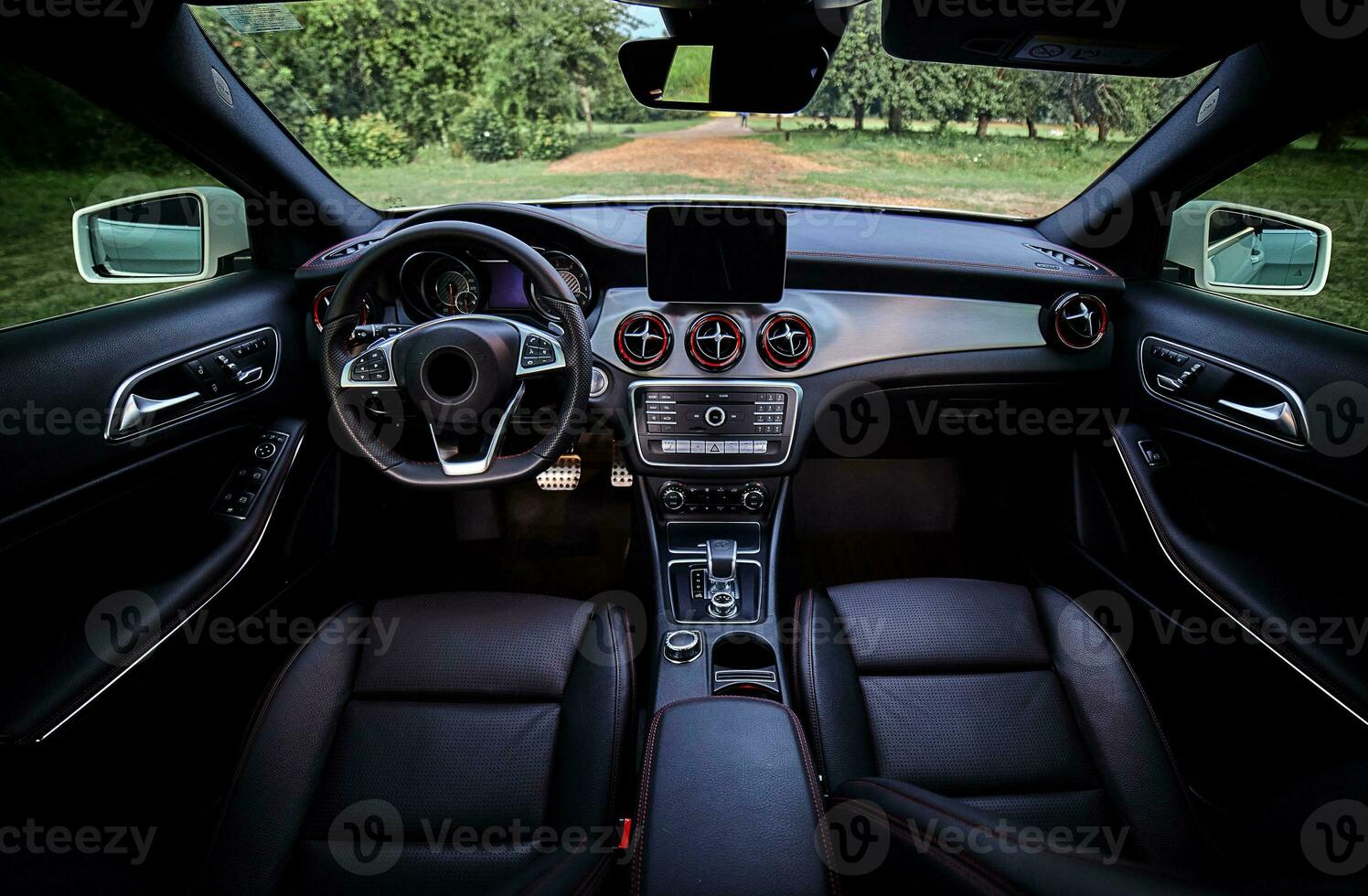 dentro moden auto sfondo, lusso auto interno elementi sfondo. nero pelle auto interno foto